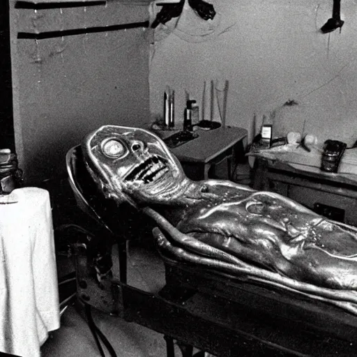 Prompt: old photo of an alien autopsy