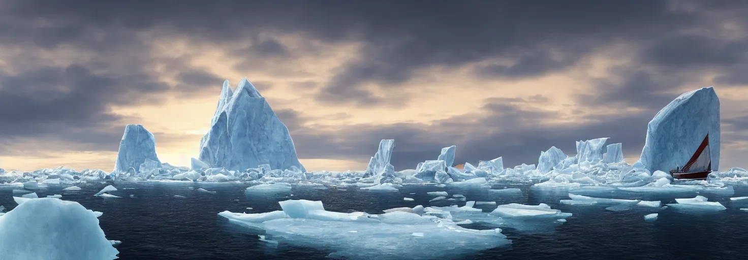 Image similar to A large boat on the ocean Arctic, with the ice cracking and icebergs surrounding it by paul chadeisson, cinematic lighting, extremely detailed, ultra realistic, trending on artstation, 8K