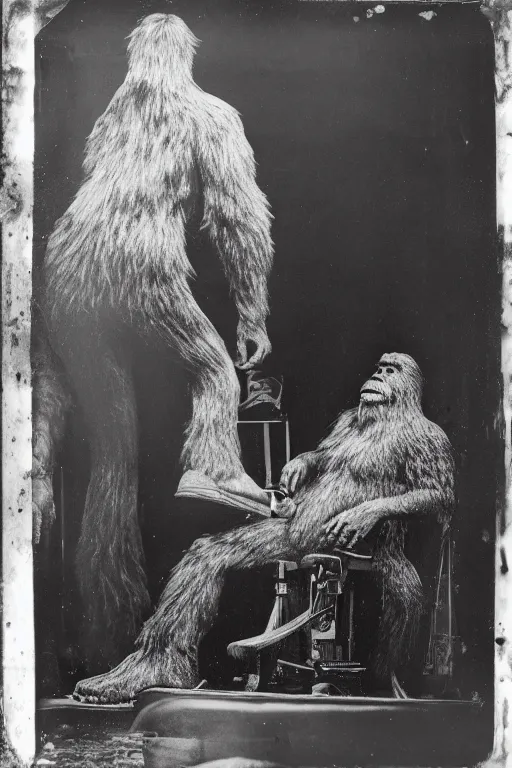 Image similar to a wet plate photograph of a Bigfoot going into a barber shop