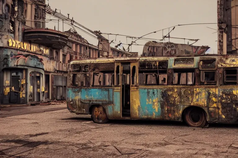 Image similar to low wide angle shot of dilapidated fallout 5 europa, european cityscapes, desolate, dilapidated neon signs, few rusted retro futuristic vintage parked vehicles like cars, buses, trucks, trams, volumetric lighting, photorealistic, fog, daytime, autumn, overcast weather, sharp focus, ultra detailed, 4 0 0 0 k