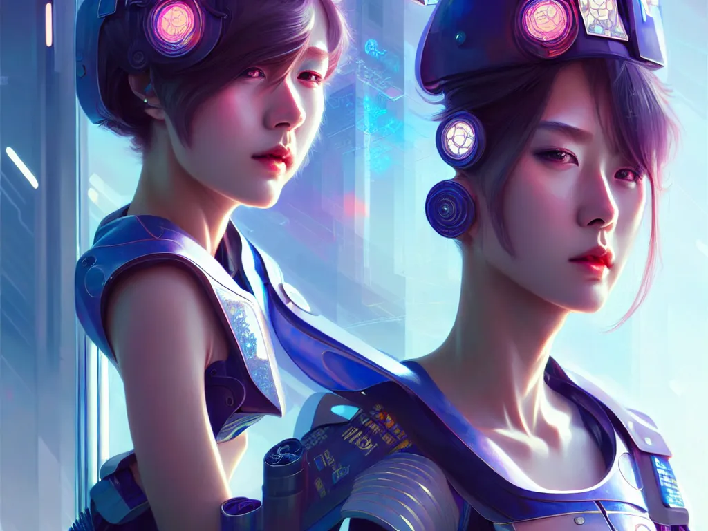 Prompt: portrait futuristic police girl, at future neon light tokyo rooftop, ssci - fi and fantasy, intricate and very very beautiful and elegant, highly detailed, digital painting, artstation, concept art, smooth and sharp focus, illustration, art by tan zi and ayanamikodon and alphonse mucha and wlop