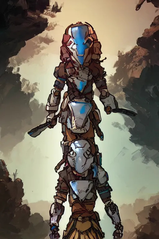 Image similar to combination suit armor aloy horizon forbidden west horizon zero dawn robot ninja mask helmet backpack tribal, gta 5 comics, official fanart behance hd artstation by jesper ejsing, by rhads, makoto shinkai and lois van baarle, ilya kuvshinov, ossdraws