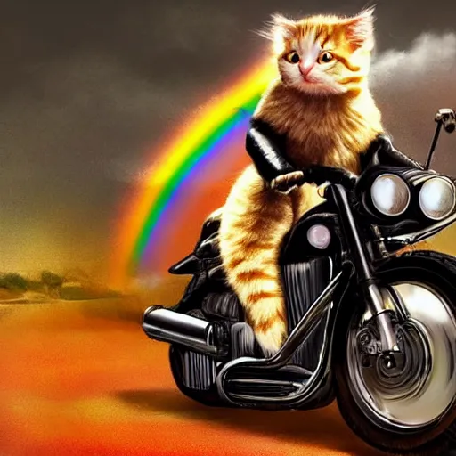 Image similar to wide angle full body, jacket wearing fluffy cute rainbow kitten wearing a black leather motorcycle jacket, riding on a motorcycle, cinematic concept art