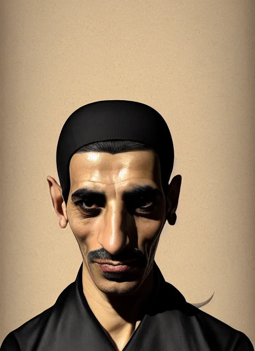 Prompt: portrait of an egyptian man with a crooked nose and a confident expression, 1 9 6 0 s, black clothes, goth, punk, funk, intricate, elegant, highly detailed, digital painting, artstation, concept art, smooth, sharp focus, illustration, art by wlop, mars ravelo and greg rutkowski