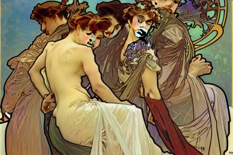 Prompt: Alphonse Mucha painting crowded figures