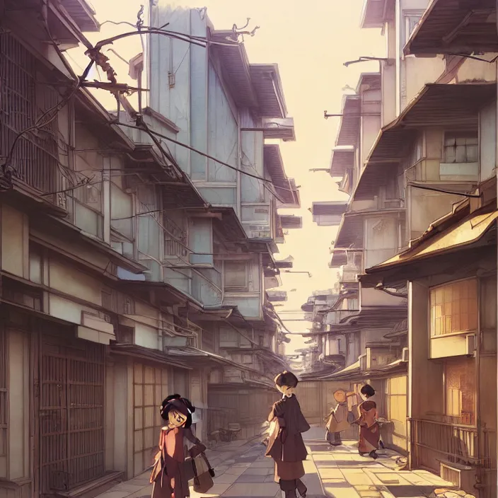 Image similar to empty tokyo neighborhood, spring, in the style of studio ghibli, j. c. leyendecker, greg rutkowski, artem