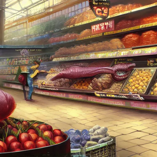 Image similar to digital painting of a super market grocery shopping elegant but deadly cat snake, cat snake serpent cat hybrid monster, by Greg Rutkowski, magic the gathering concept art, trending on artstation, 4k resolution, ((in a super market Costco))