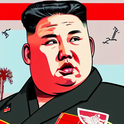 Prompt: illustration gta 5 artwork of kim - jong un, in the style of gta 5 loading screen, by stephen bliss