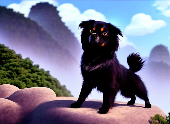 Image similar to a wholesome animation key shot of a black tibetan spaniel, great wall of china in the background, studio ghibli, pixar and disney animation, sharp, rendered in unreal engine 5, anime key art by greg rutkowski, bloom, dramatic lighting