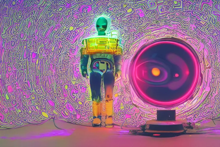 Image similar to beautiful cyborg - clownbot emerging from a space portal in cyberspace, fractaling outwards, in 1 9 8 5, y 2 k cutecore clowncore, bathed in the glow of a crt television, crt screens in background, low - light photograph, in style of tyler mitchell