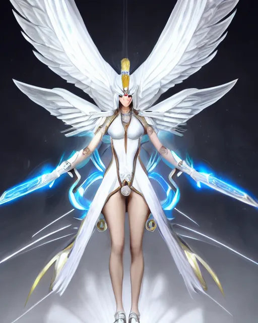 Image similar to perfect white haired egyptian goddess with huge white dove wings, warframe armor, attractive, beautiful, symmetric, dreamy, half asian, pretty face, blue eyes, detailed, scifi platform, laboratory, experiment, 4 k, ultra realistic, epic lighting, android body, illuminated, cinematic, masterpiece, art by akihito tsukushi, voidstar