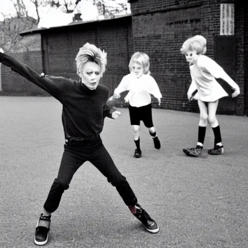 Prompt: david bowie goes skipping in a school playground