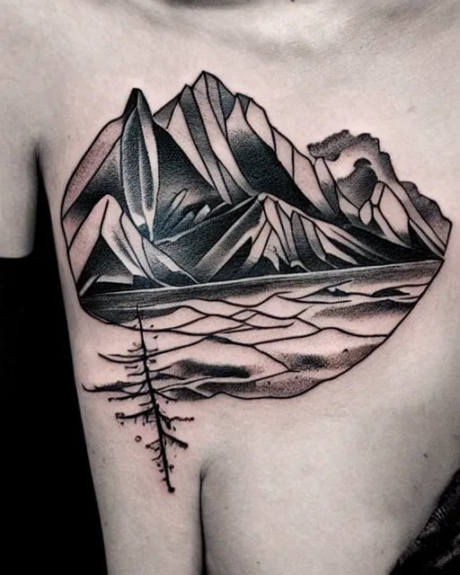 Image similar to double exposure effect tattoo design sketch of megan fox and beautiful mountains, surrealism tattoo, in the style of matteo pasqualin, amazing detail, sharp