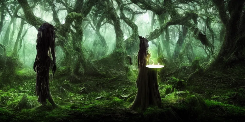 Prompt: A transcendal being having a ritual in a mysterious and lush forest, sci-fi, dark fantasy, wide shot