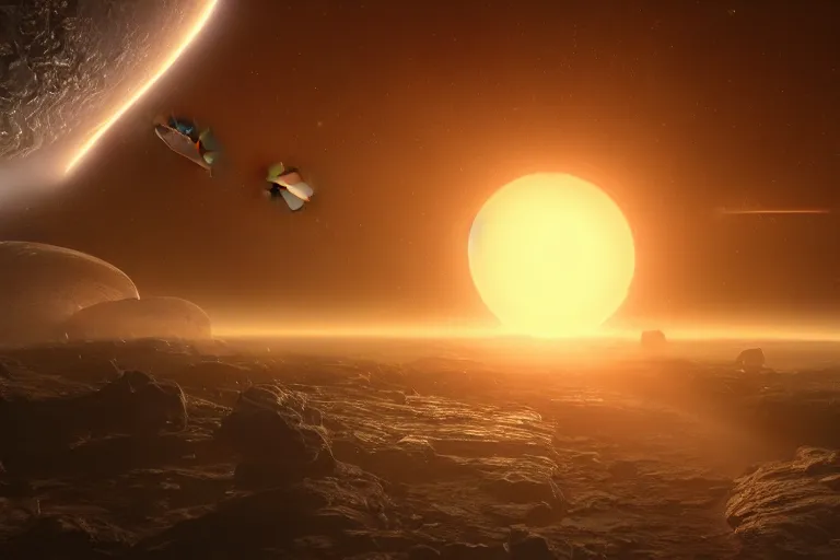 Prompt: beautiful sci fi space scene with planets, concept art trending on artstation, volumetric lighting, 8k