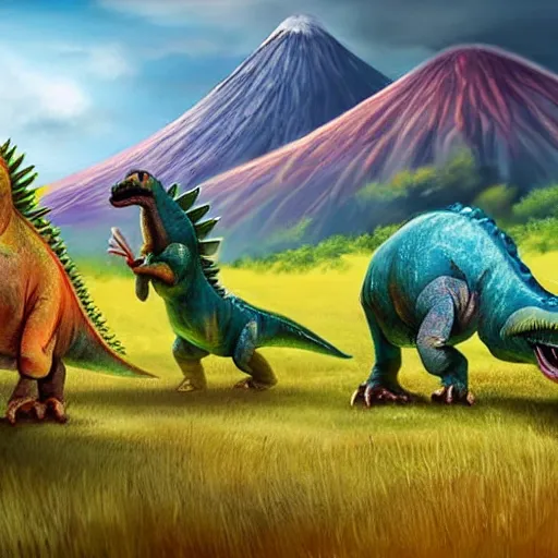 Image similar to cute dinosaurs walking around a field with a volcano in the background, concept art, illustrated, highly detailed, high quality, bright colors, optimistic,