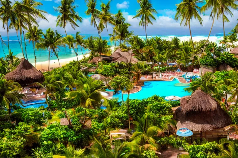 Prompt: an advertisement photo of a tropical resort, 8k hdr, very detailed, cinematic