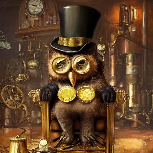 Image similar to oil painting of grumpy rich steampunk owl, sitting in fancy chair, wearing top hat, holding gold coin, steampunk factory background, machines in background, sharp focus, fantasy style, octane render, volumetric lighting, 8k high definition, by greg rutkowski, highly detailed, trending on art Station, magic the gathering artwork, centered, deviantart,