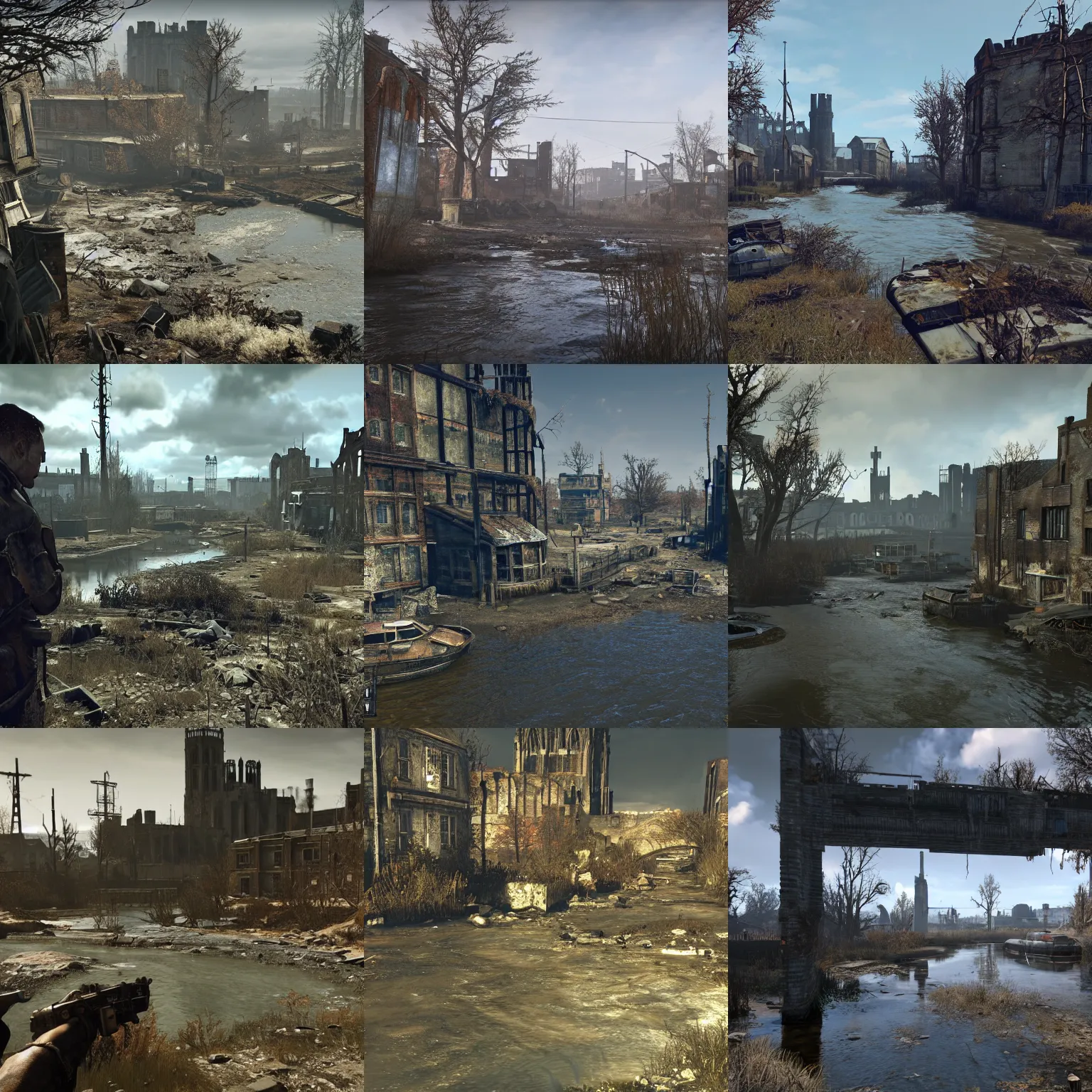 Prompt: river stour in the post - apocalyptic ruins of canterbury, screenshot from'fallout 4'