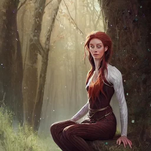 Prompt: portrait of a proud elf, her hair is copper, she is a wood elf, shade and sparkles, trees and leave are surrounding her, calm piece, masterpiece, oil on canvas, art by Greg Rutkowski and Karakter, trending on artstation, delicate, sharp focus, 4k, digital art