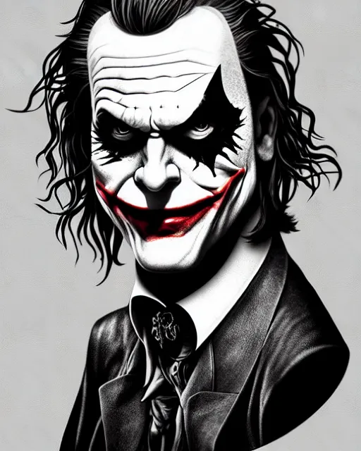 Image similar to the joker 8 k, concept art, extremely detailed, black and white, art by h. r. geiger