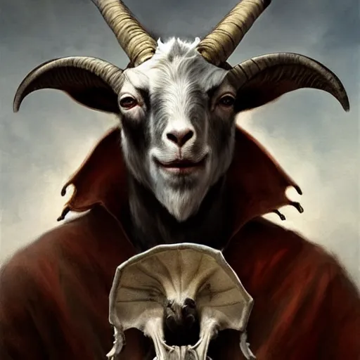 Image similar to man with goat horns holding an animal skull, style of da vinci, fantasy illustration, by greg rutkowski