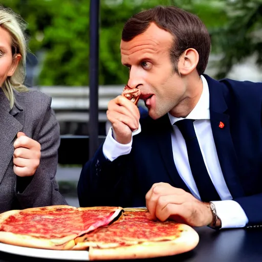 Prompt: macron eating a pizza with marine lepen