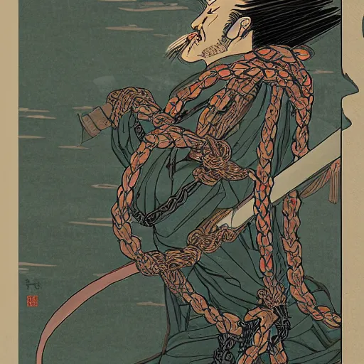 Image similar to by hokusai, samurai man vagabond, the samurai is wrapped in chains, detailed, editorial illustration, matte print, concept art, ink style, sketch, digital 2 d