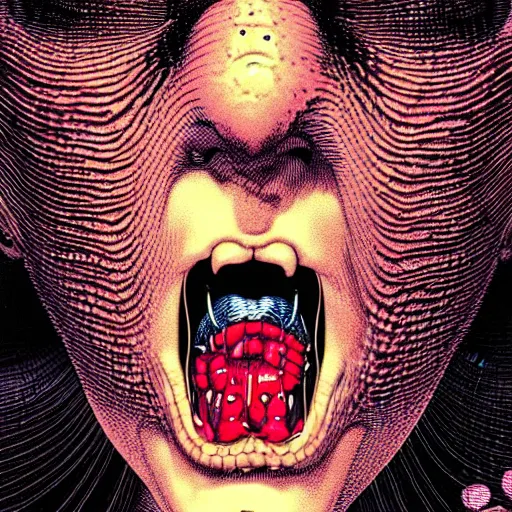 Image similar to closeup of face melting and tongues, by yoichi hatakenaka, masamune shirow, josan gonzales and dan mumford, ayami kojima, takato yamamoto, karol bak