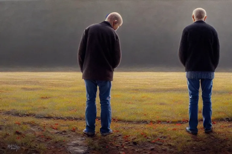 Image similar to ( ( a beautiful 8 k photorealistic masterpiece oil painting ) ( of ( two silent finnish men looking at the ground, cursing silently to themselves ) ) ( hyperrealism ) ( 1 6 k ) ( trending on artstation )