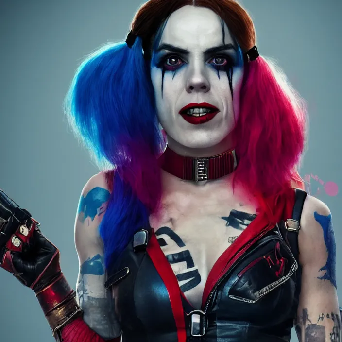 Image similar to portrait of Melanie C as a harley quinn in Suicide Squad. octane render, trending on artstation, very coherent, symmetrical artwork. cinematic, high detail, octane render, 8k