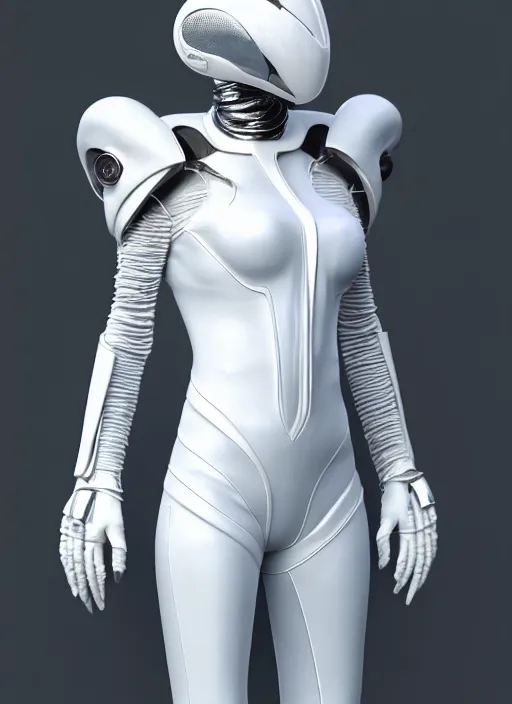 Prompt: white suit and helmet made of alien material, skin concept, in full growth, DIGITAL FASHION, biopunk, metaverses, Guyver style, 3d, cinematic, hyper realism, high detail, octane render, 8k, chrome accents, art by Hans Giger