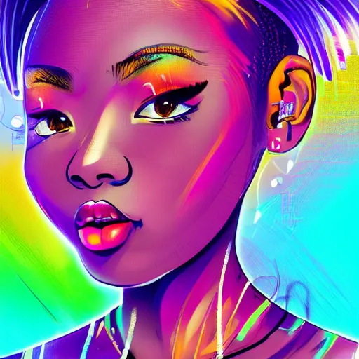 Image similar to beautiful blasian woman raps into microphone, hip hop vaporwave, abstract background, neon, beautiful eyes, full lips, highest quality, professional artist, Zeronis, detailed, 4k