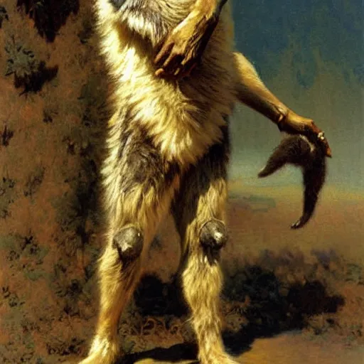 Image similar to a portrait of a furry wolf wearing clothes, hairy, furry body, furry arms, feet, tail. highly detailed painting by gaston bussiere, craig mullins, j. c. leyendecker, furry