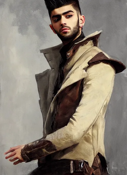 Image similar to portrait painting of zayn malik as an elf by jeremy mann, wearing leather napoleonic military style jacket, only one head single portrait, pointy ears