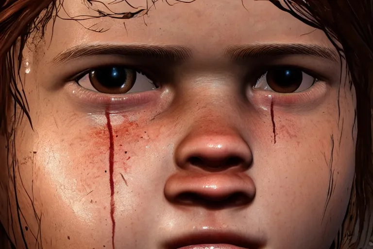 Prompt: an amazing photo, extreme close-up of the face of a young ellie from The last Of Us, award winning photo, very detailed, cinematic, beautiful lighting effects