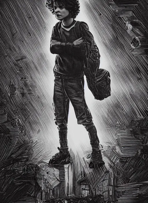 Image similar to Eddie Munson from Stranger Things in My Hero Acadamia, dark colors, sinister atmosphere, dramatic lighting, cinematic, establishing shot, extremely high detail, photo realistic, cinematic lighting, pen and ink, intricate line drawings, by Kohei Horikoshi, post processed, concept art, artstation, matte painting, style by eddie mendoza, raphael lacoste, alex ross