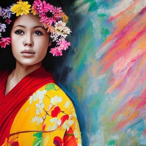 Prompt: stunning, breathtaking, awe - inspiring award - winning concept art portrait painting by steve mccurry of a beautiful young blonde latina woman with short, wavy hair, wearing a colorful yukata