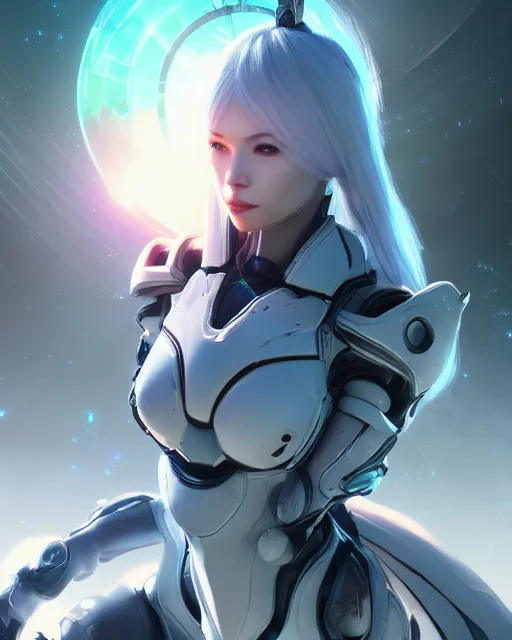 Image similar to perfect android girl on a mothership, warframe armor, beautiful face, scifi, futuristic, galaxy, nebula, raytracing, dreamy, long white hair, blue cyborg eyes, sharp focus, cinematic lighting, highly detailed, artstation, divine, by gauthier leblanc, kazuya takahashi, huifeng huang