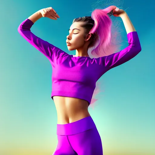 Image similar to a award winning half body shot of a beautiful woman in a croptop and leggings with a ombre purple pink teal hairstyle with head in motion and hair flying, outrun, vaporware, highly detailed, fine detail, intricate