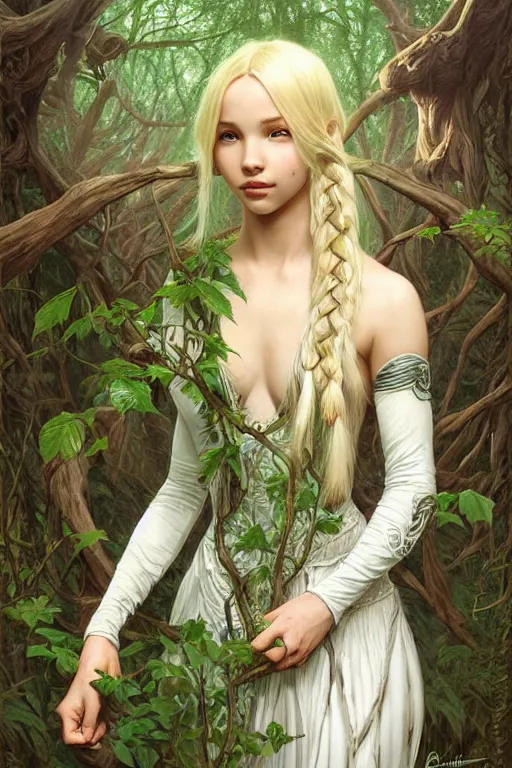 Prompt: mystical cottagecore mage blonde braided hair dove cameron the forest, bone armor, green plants, fantasy character portrait, ultra realistic, intricate, elegant, highly detailed, digital painting, artstaion, smooth, sharp, focus, illustration, art by artgerm and greg rutkowski and alphonse mucha