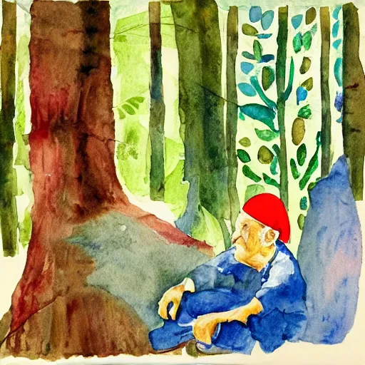 Image similar to watercolor and collage by eric carle, of the pope squatting on a toilet in the forest, peaceful mood