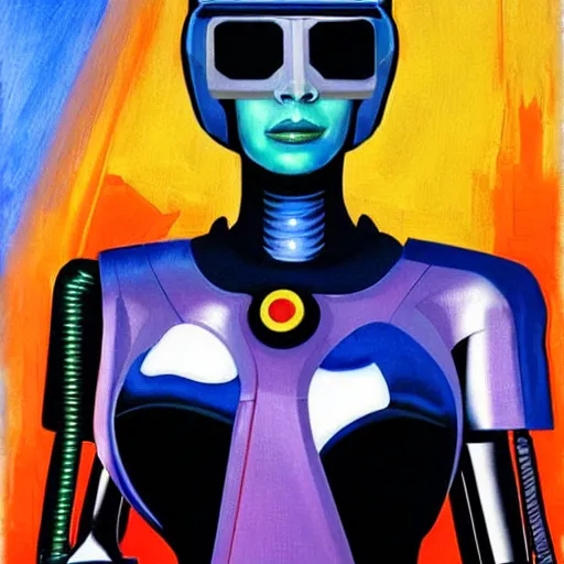 Image similar to futurist cyborg duchess, perfect future, award winning art by alan bean, sharp color palette