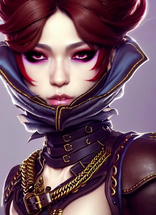 Image similar to rogue, fantasy ornate leather bandit outfit!!! close - up portrait beautiful and athletic short hair female!! gorgeous face and eyes!! character concept art, sharp focus, octane render! unreal engine 5! highly rendered!! trending on artstation!! detailed linework!! illustration by artgerm, wlop, and chie yoshii