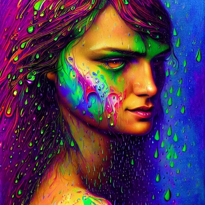 Image similar to bright psychedelic portrait with rain on face and wet hair, wings, smiling, diffuse lighting, fantasy, intricate, elegant, highly detailed, lifelike, photorealistic, digital painting, artstation, illustration, concept art, smooth, sharp focus, art by John Collier and Albert Aublet and Krenz Cushart and Artem Demura and Alphonse Mucha