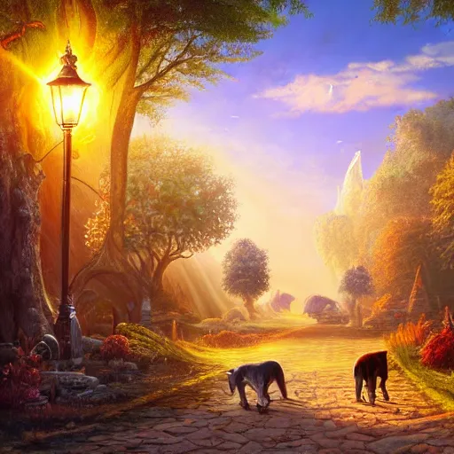 Prompt: a fantasy landscape with strange creatures walking the forest and fun buildings and streets, intricate street lamps and morning sunshine, realistic, painting, great lighting, golden hour, golden rule