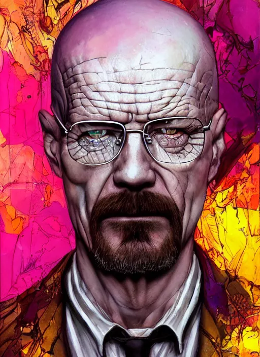 Image similar to a Demon Slayer portrait of Walter White, tall, pale-skinned, crystal blue eyes, chromatic aberration, by Stanley Artgerm, Tom Bagshaw, Arthur Adams, Carne Griffiths, trending on Deviant Art, street art, face enhance, chillwave, maximalist, full of color, glittering