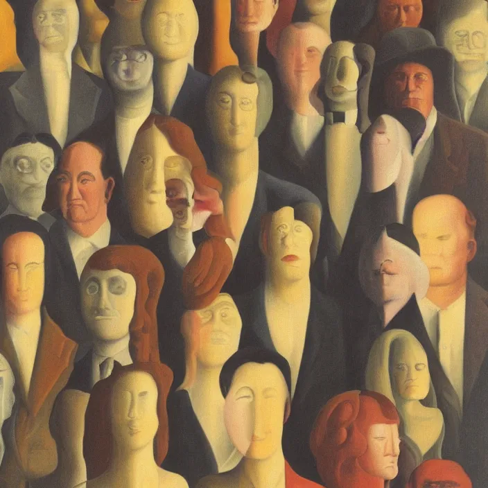 Image similar to group of people pictured in afternoon light, close - up of the faces, anatomically and proportionally correct, surrealist oil painting by dora maar and rene magritte, detailed