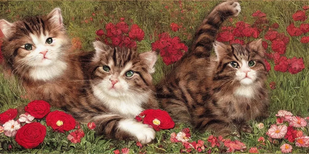 Image similar to 3 d precious moments plush cat with realistic fur and an dark red / medium red / reddish brown / deep purplegray color scheme, field of flowers, master painter and art style of john william waterhouse and caspar david friedrich and philipp otto runge