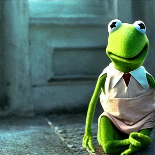 Image similar to a still of kermit the frog in spirited away,